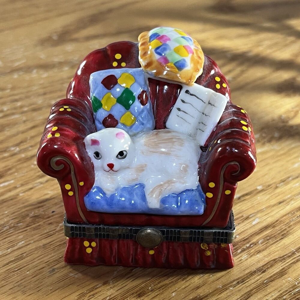Vintage White Cat Resting on a Stuffed Chair Hinged Porcelain Trinket Box
